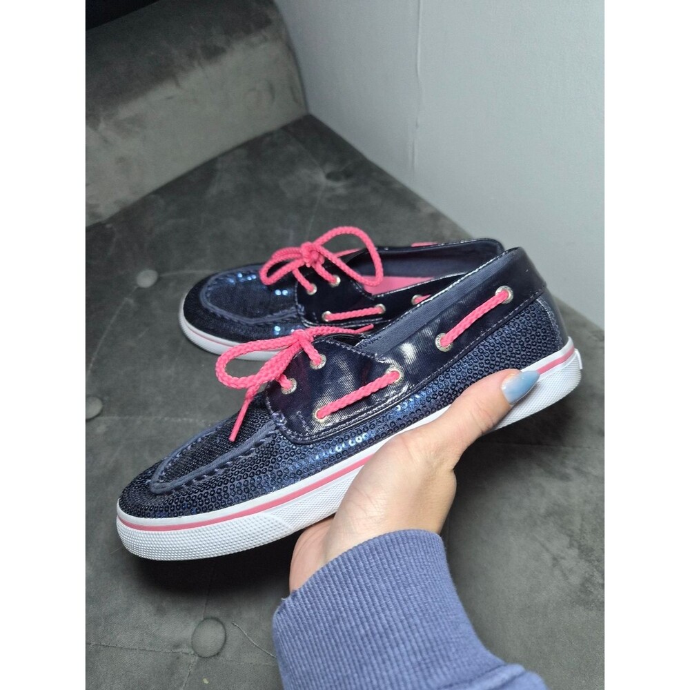 Womens Navy Sequin Shoes Sperry Top Sider Boat Slip On with Pink Laces